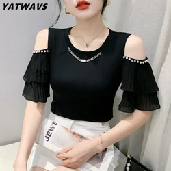 New High End Women's Clothes Luxury Chic Elegant Sexy Off Shoulder T-Shirt Shiny Diamonds Butterfly Sleeve Mesh Tops Tees Blusa