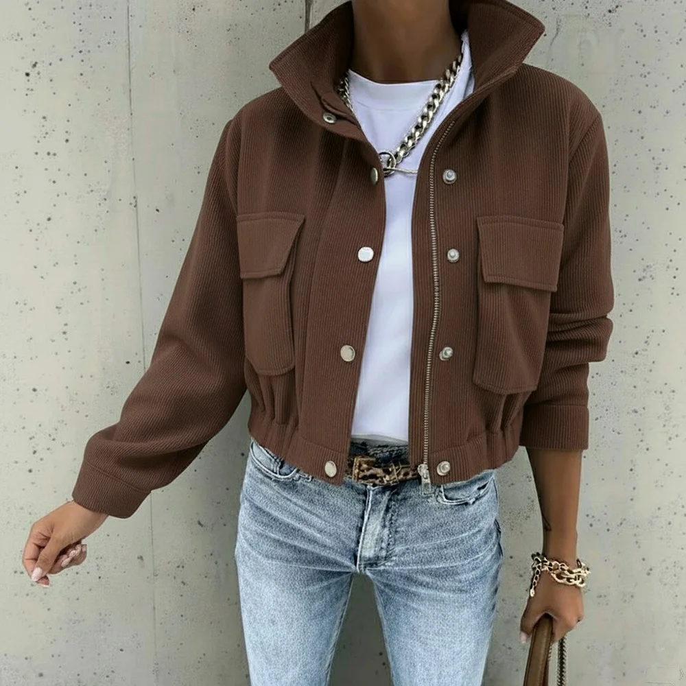 

Повседневная куртка с круглым вырезом, осеннее украшение на пуговицах, женский топ, модный удобный стиль, весенне-осенняя коллекция