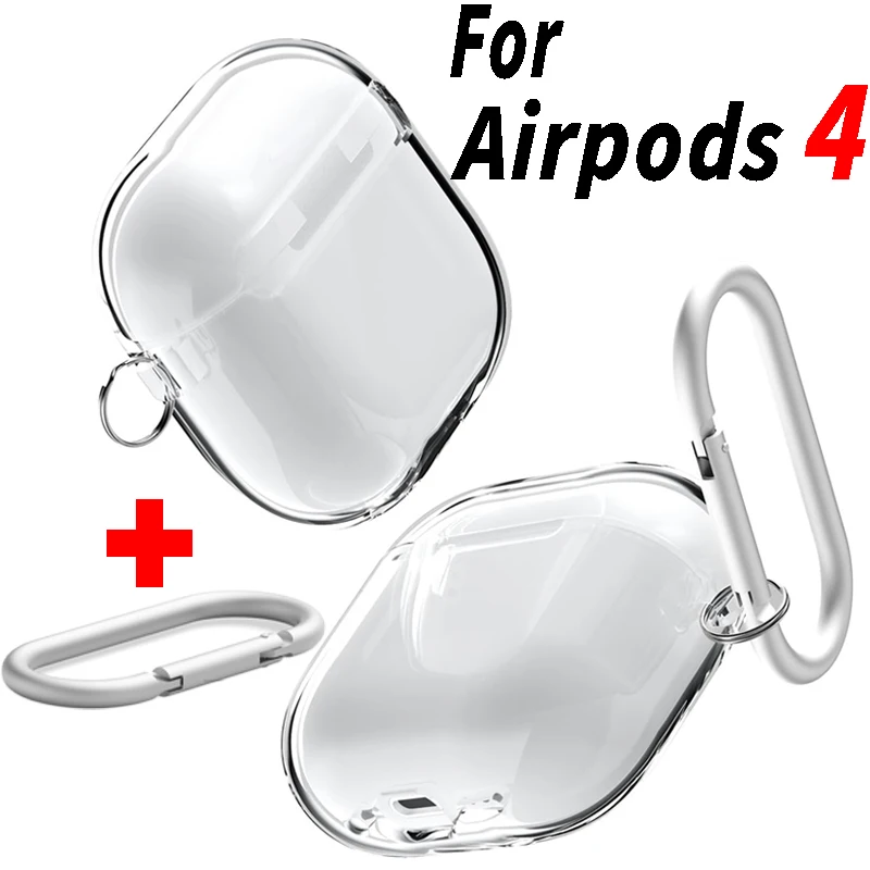 Transparent Case for Airpods 4 Cover Soft TPU Shockproof Protective Sleeve with Carabiner Clear Shell for Air Pods 4th Protector