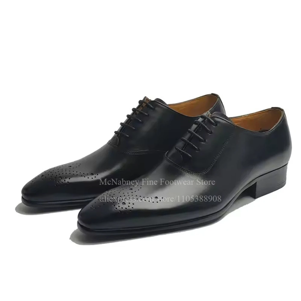 Black Leather Brogue Wingtip Oxford Shoes Men Lace up Pointed Toe Business Dress Shoes Handmade Casual Formal Gentlemen Shoes