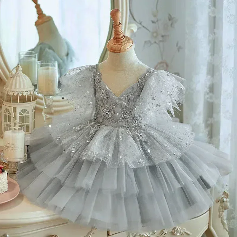 

Elegant Tulle Ball Gown Wedding Party Kids Dresses for Girls Birthday Child Clothes Fashion Girl Sequined Princess Layered Dress