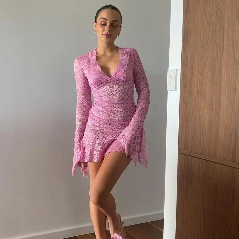 메쉬 플로럴 프린트 V넥 롱 플레어 슬리브 섹시 시스루 맥시 드레스 봄 여성 패션 의류 비치 휴가 클럽