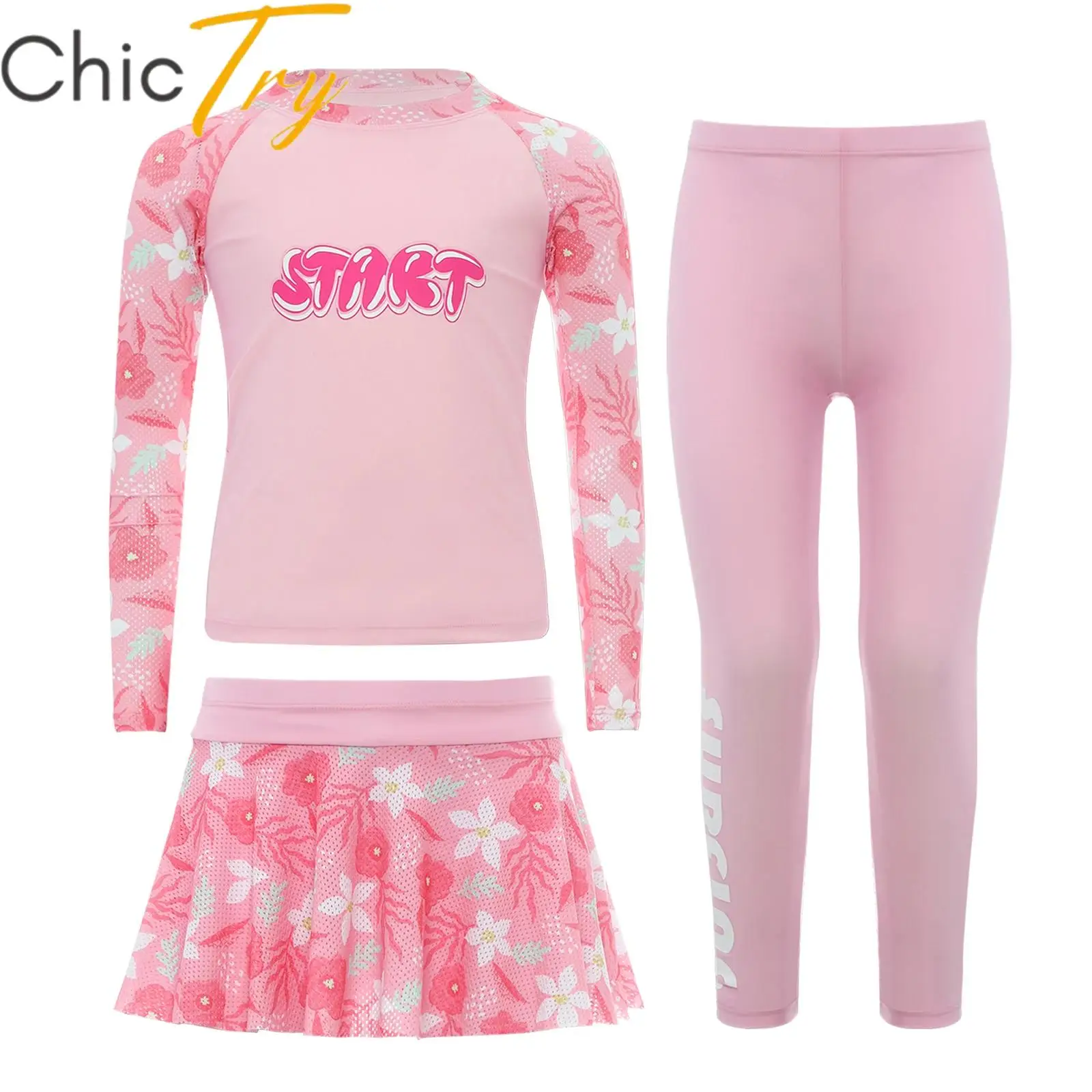 

Kids Girls Three Pieces Swimsuit Long Sleeves Zipper Tops with Pants and Skirt Swim Set Swimwear Summer Rashguard Bathing Suits