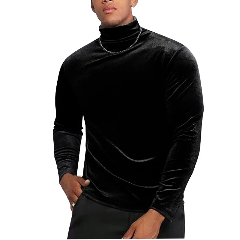 New Long Sleeved Solid Color Tight Fitting T-Shirt, European and American Autumn and Winter Men\'s High Neck Velvet Base Sweater