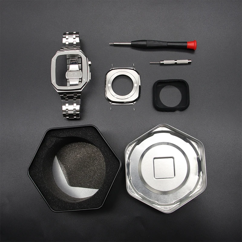 Luxury Refit Mod kit Bezel Case Band For Apple Watch Series 8 7 45mm 6 5 4 SE 44mm Modification Kit Metal steel Band For iWatch