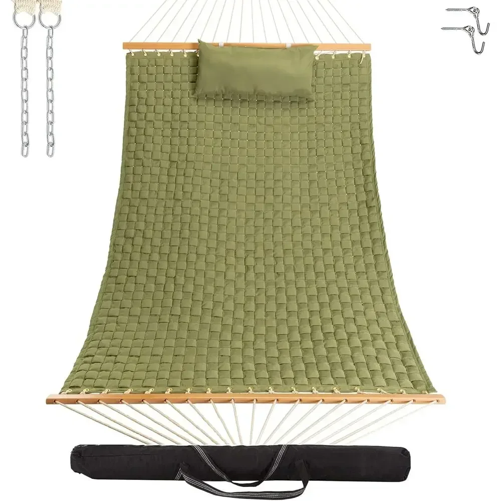 Double Person Green Woven Hammock with Pillow, Bag, Chains & Hooks, 450 lbs, 13 ft x 55 in.