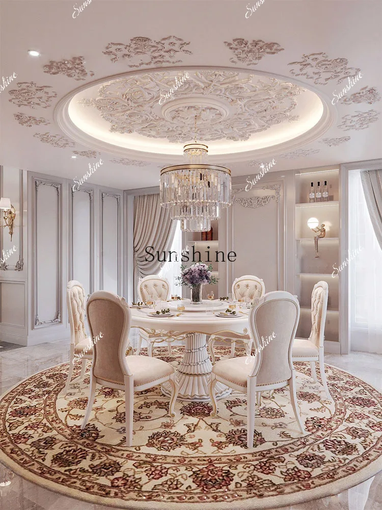 

Court style dining table combination light luxury solid wood carving flower round table six chairs household FT