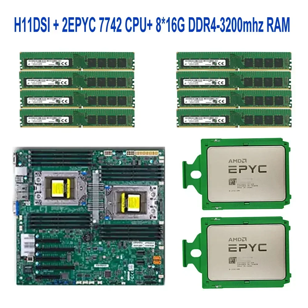 Para supermicro h11dsi rev 2.0 placa-mãe/2 * epyc 7742 64c/128t 180w processador cpu/8*16gb = 128gb DDR4-3200mhz recc ram mem