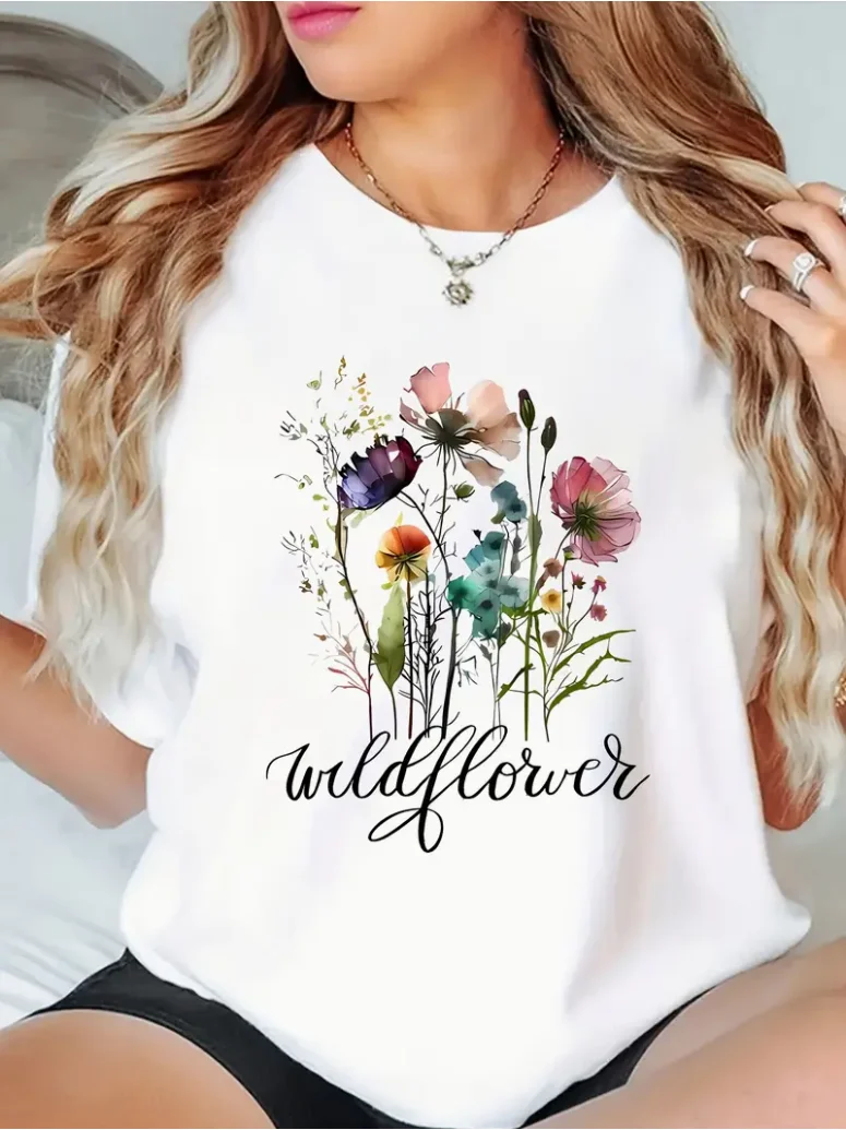 Floral Printed Round Neck T-Shirt, Spring And Summer Casual Short Sleeved T-Shirt, Women'S Clothing