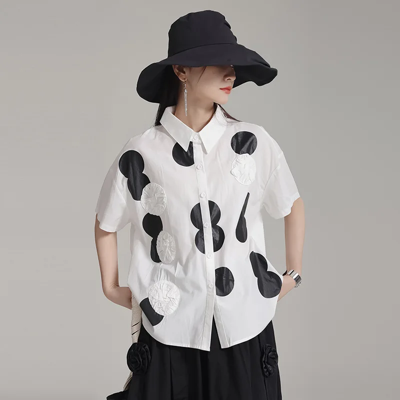 Summer minority design black and white contrasting top Yamamoto dark style circular collar short sleeved women's shirt