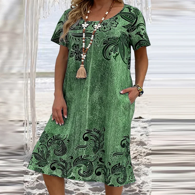 Vestido estampado vintage feminino, tamanho grande, gola O, manga curta, vestidos midi de bolso para mulheres, férias soltas na praia, verão, 2024