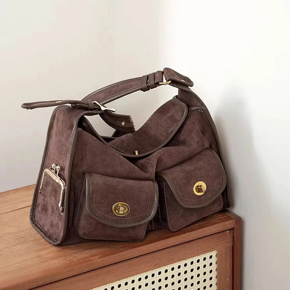 

Vintage Suede Shoulder Bag Fashion Classic Luxury Women's Crossbody Bag New Autumn Multi-pocket Large Capacity Frosted Tote Bag