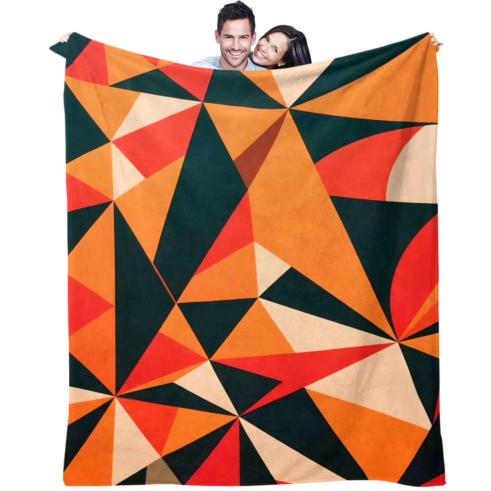 Retro Geometric Triangle Patchwork Flannel Throw Blanket Vintage Orange Red Green Abstract Color Block Plush Warm Cozy Blanket