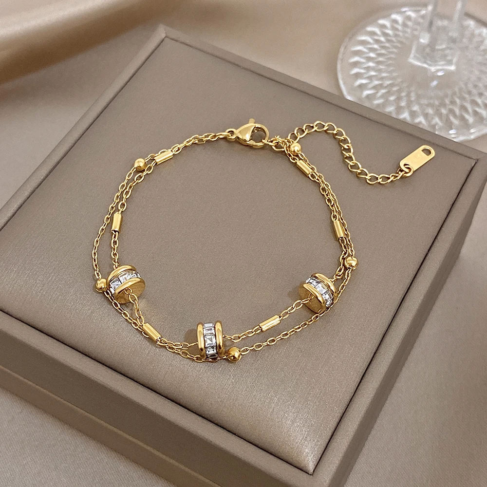 Stainless Steel Barrel Bead Cylindrical CZ Inlaid Gold Plated Bracelet Layered Chain Versatile Stackable Waterproof Jewelry