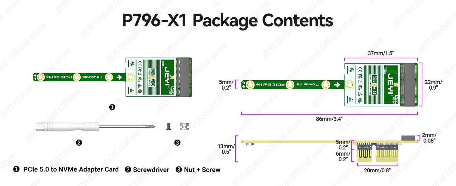 JEYI Flache PCIe 5.0 X1 zu NVMe Adapterkarte 32Gbps Flaches Design Ohne GPU-Blockierung für M2 2230 NVMe SSD Mini-Erweiterungskarte – Detail 10