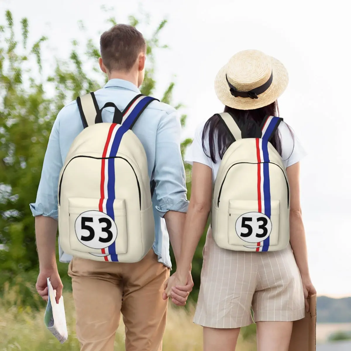 Herbie Number 53 Fashion Backpack with Pocket Student Business Race Car Enthusiasts Stripe Daypack Men Women Laptop Shoulder Bag