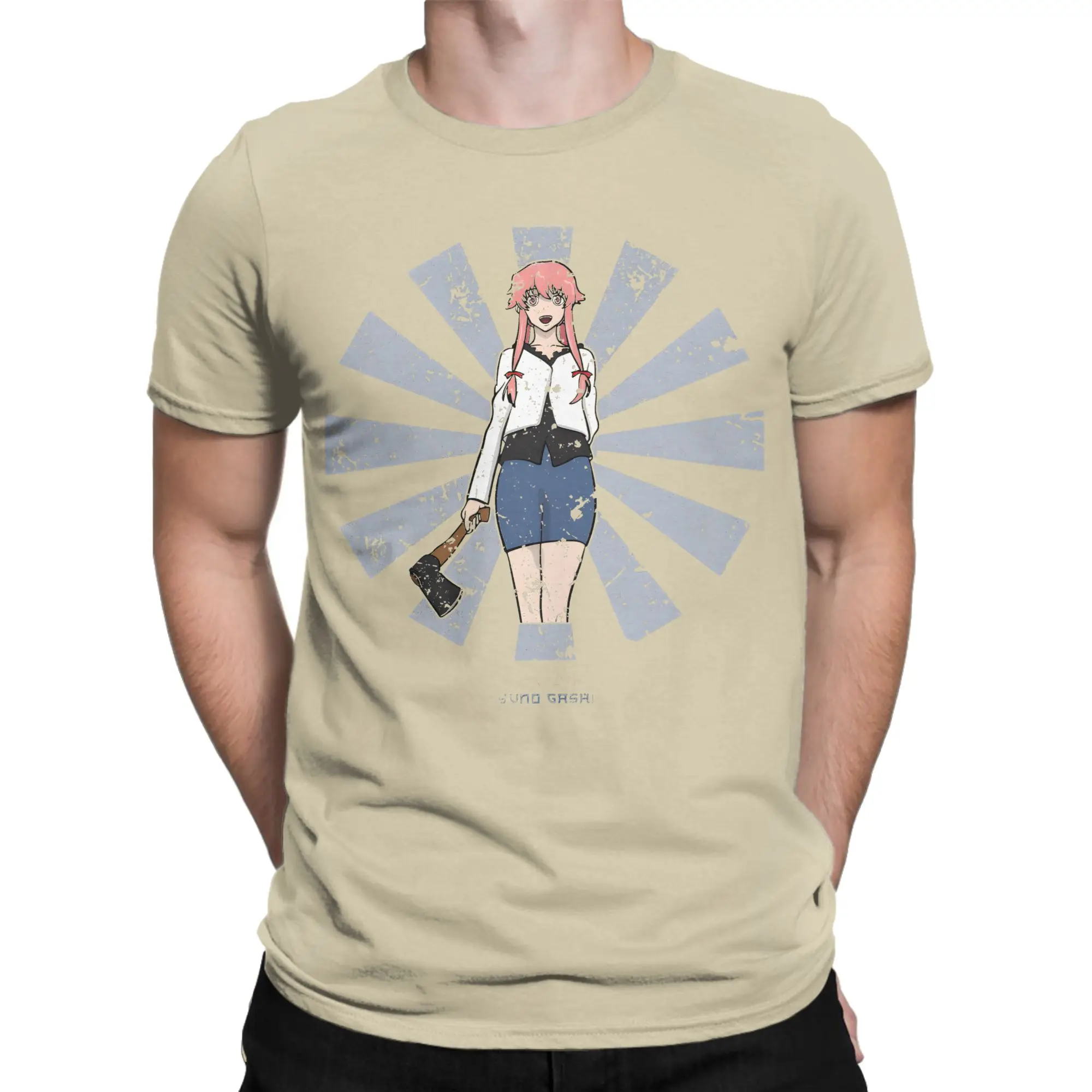 Yuno Gasai Retro Japanese T Shirts for Men 100% Cotton Vintage T-Shirts Round Neck Future Diary Tees Short Sleeve Clothing