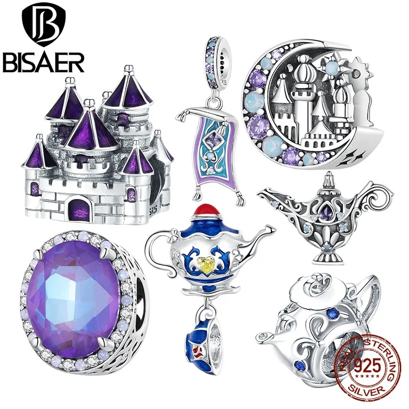 Bisaer 925เงินสเตอร์ลิงสีม่วงเสน่ห์โลกลูกปัดพรมปราสาทจี้ผู้หญิงกำไล DIY และสร้อยคออัญมณี