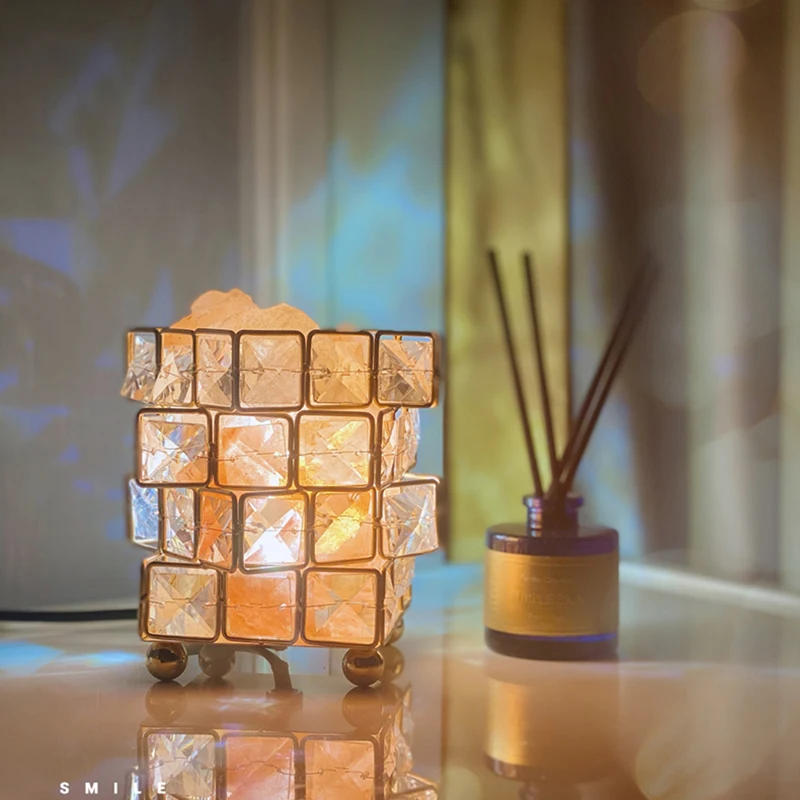 Pyramid Four Layer Rubik's Cube Crystal Table Lamp Natural Salt Stone Night Lamp Christmas Gift Restaurant Bedside Decoration