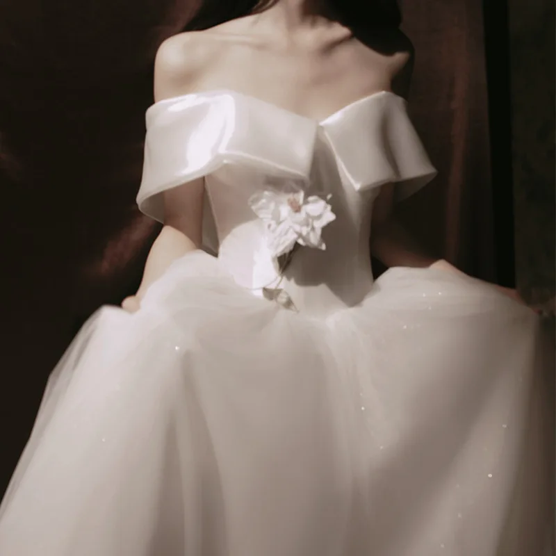 

Princess Fairy Backless Floor-Length A-Line Tulle Robes Exquisite White Off Shoulder Wedding Dresses