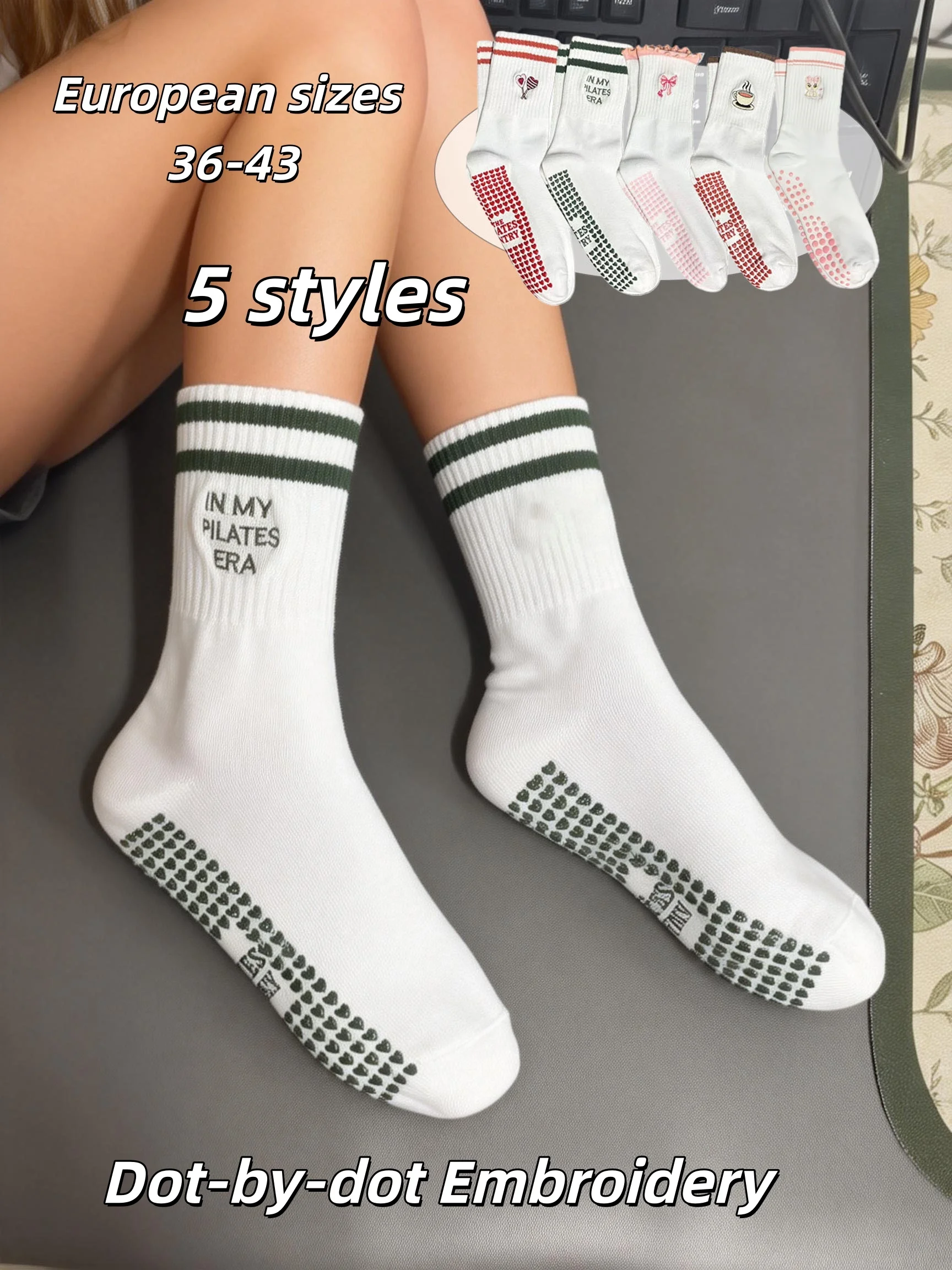 

Европейский размер 36-43, 1 пара вязаных женских носков среднего размера с вышивкой для йоги, фитнеса, пилатеса, спорта, нескользящей подошвой