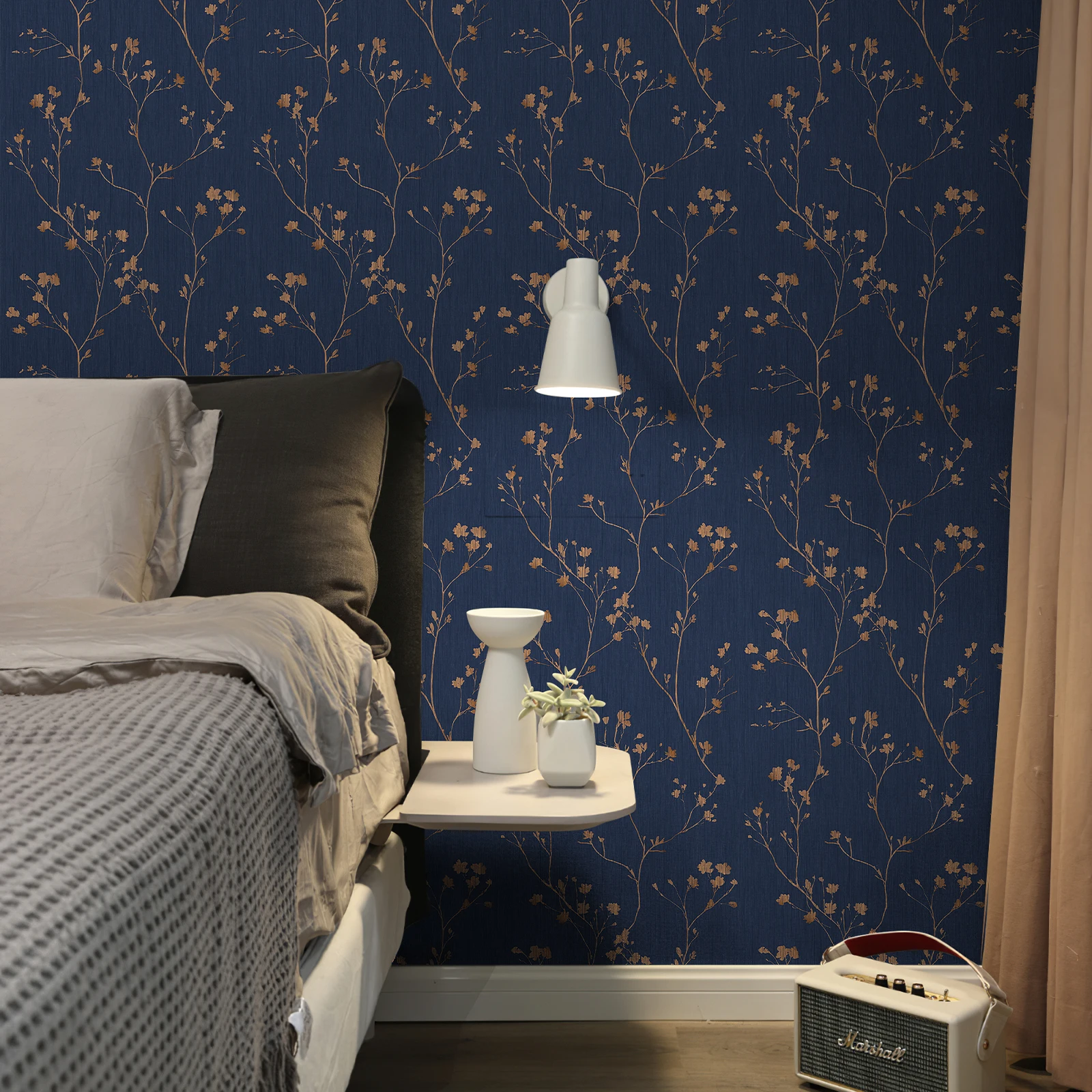 Dark Blue Floral Peel And Stick Vinyl Wallpaper Classic Flower Self Adhesive Office Cabinet Stickers Room Decoration