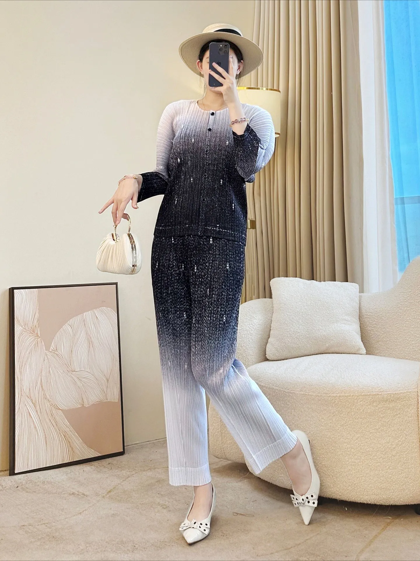 Conjunto de dos piezas plisado para mujer, ropa de descanso plisada con mangas 3/4, color azul a blanco, ombré, novedad de 2025, ropa informal de oficina