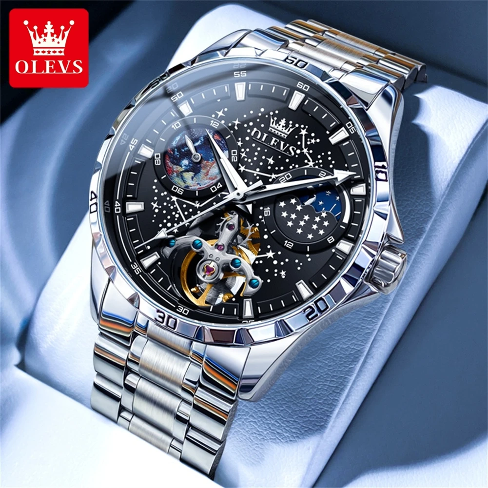 

Original OLEVS Blue Starry Sky Dial Automatic Mechanical Watch for Men Tourbillon Design Lunar phase Calendar Luxury Men's Watch