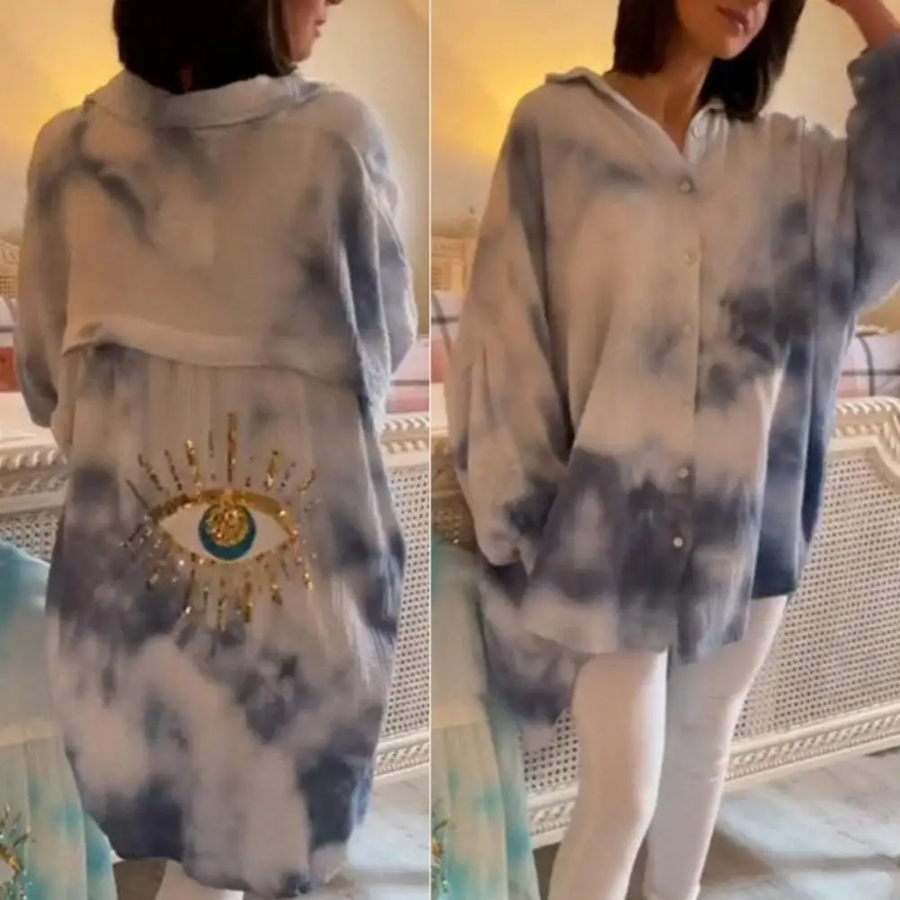 Top transpirable con estampado de lentejuelas Tie-dye para mujer, camisa elegante de manga larga, Top de un solo pecho para mujer, versátil para varios