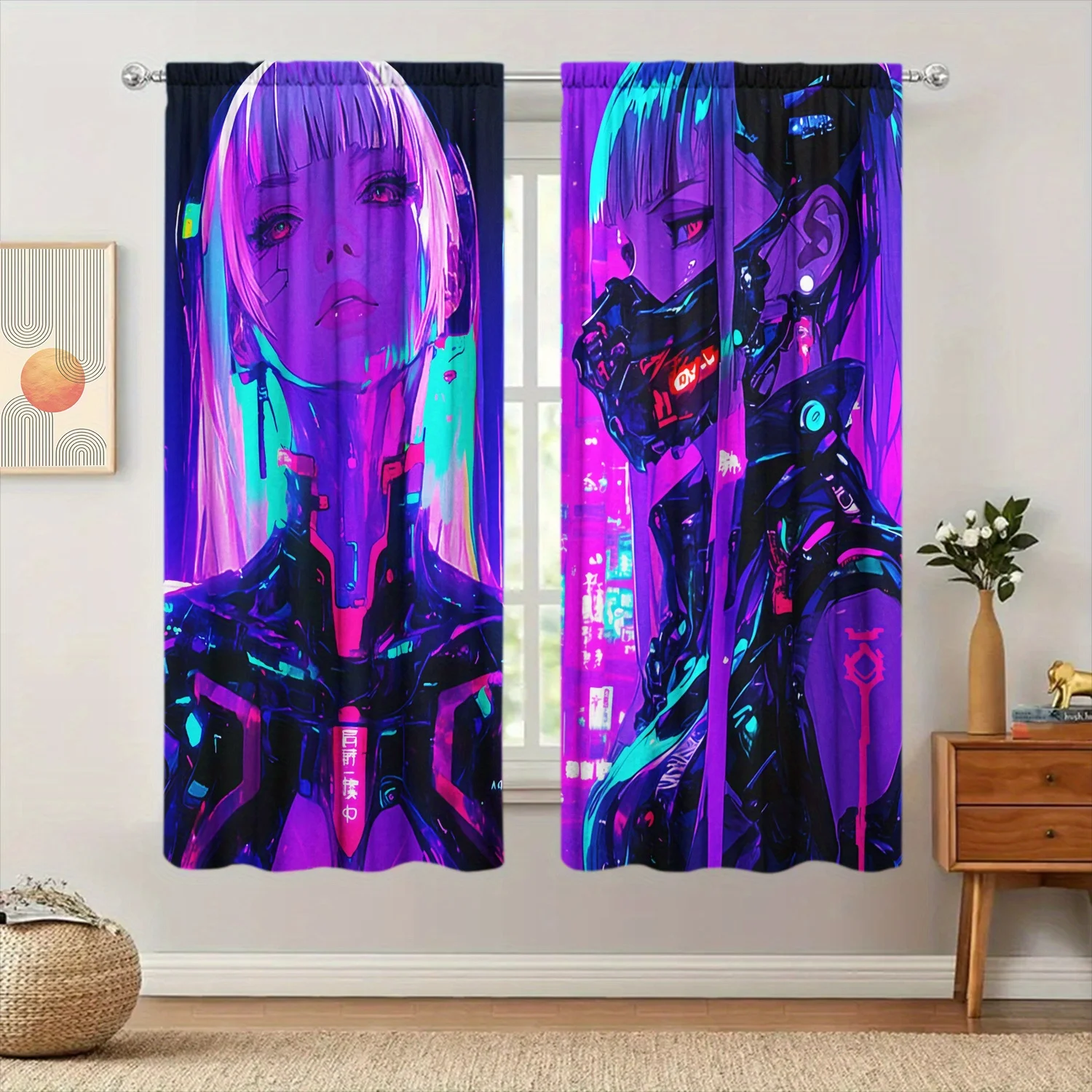 2pcs Cyberpunk Anime Girl Print Curtains – Modern Home Decor for Bedroom, Office, Kitchen, Living Room & Study