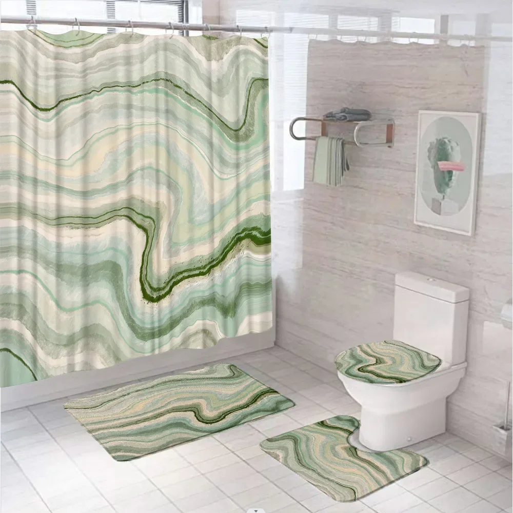 Marble Shower Curtain Sets Emerald Green Gold Modern Abstract Bathroom Curtains Non-Slip Bath Mats U-Shaped Rug Toilet Lid Cover