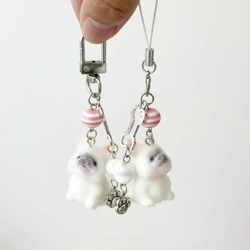 Flocking Cats Dogs Pendant Keychain Fashion Key Ring For Women Girls Cute Bag Pendant Kawaii Mobile Phone Chain Gifts Cartoon