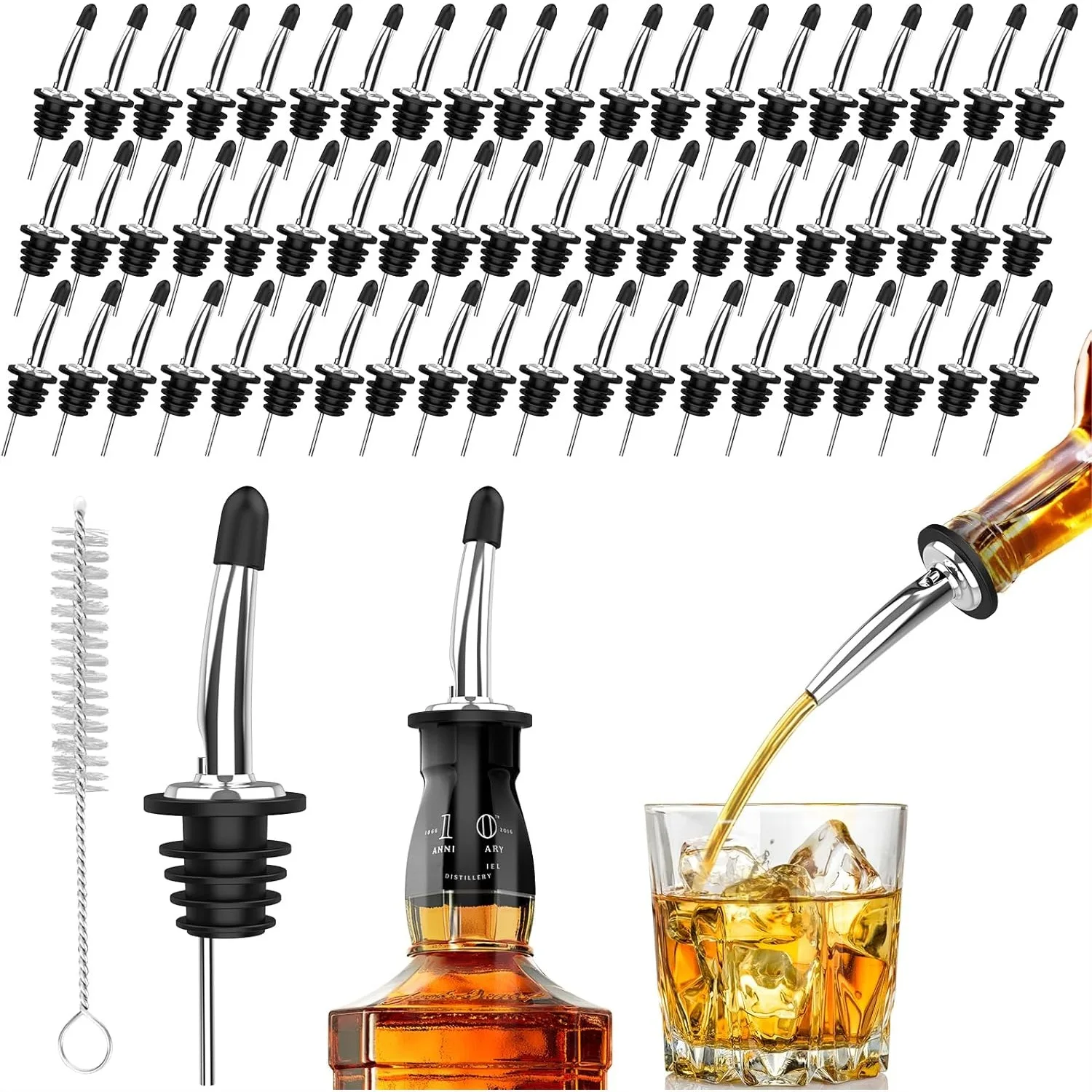 

Stainless Steel Pour Spouts for Liquor Bottles, 60-Pack with Rubber Dust Caps - Bar Accessories for Easy Pouring