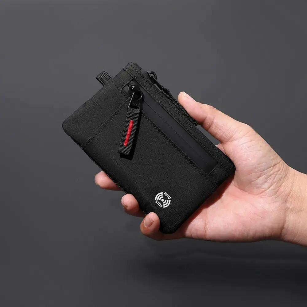 메쉬 다기능 남성용 지갑 도난 방지 카라비너 ​​RFID 신용 카드 홀더 키 체인 지퍼 나일론 동전 지갑 여행 액세서리