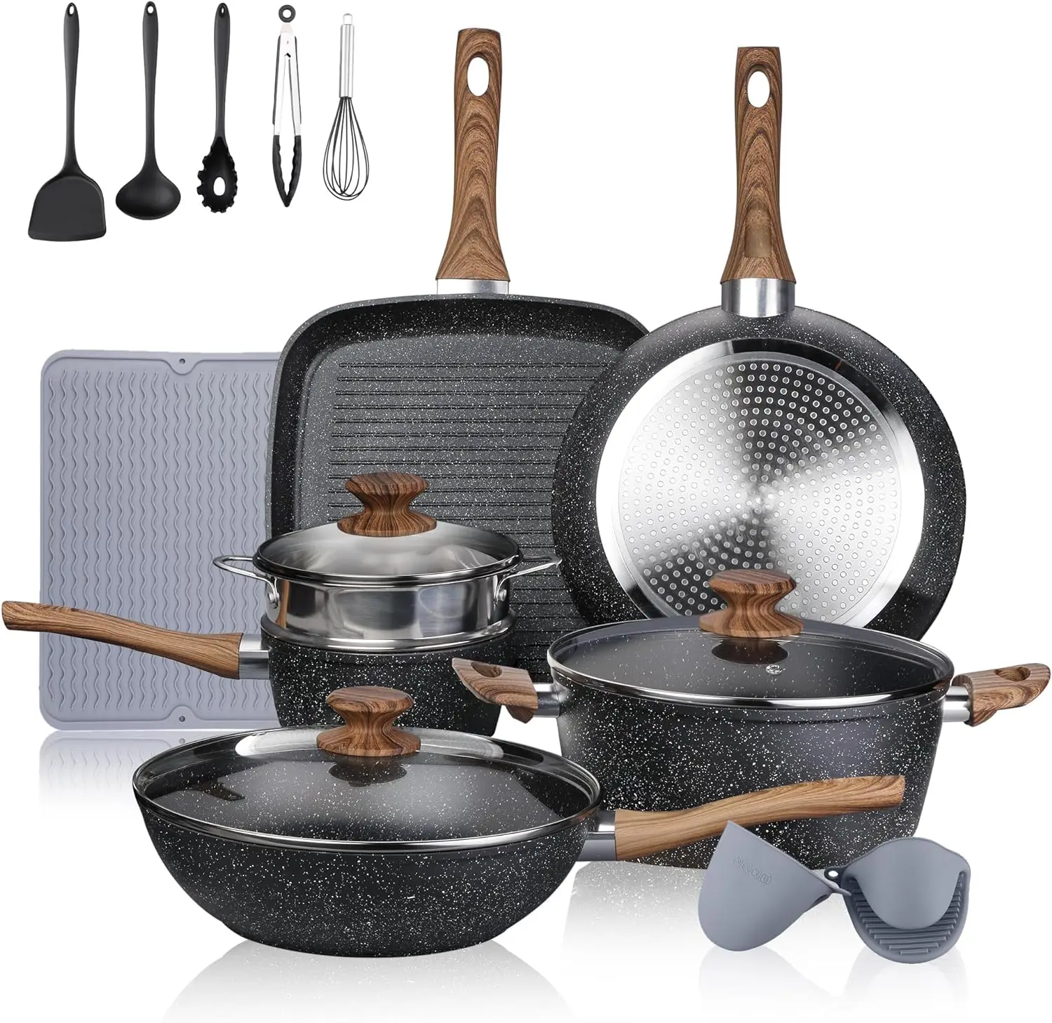 

Nonstick Cookware Sets - 16 Pieces Pots and Pans with Utensils and Steamer, Cast Aluminum Kitchen Cookware with Bakelite Handles