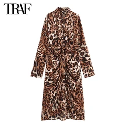 TRAF Leopard Print Shirt Dress Woman Belt Pleated Midi Dresses for Women Summer Office Long Dress Woman Long Sleeve Female Dress