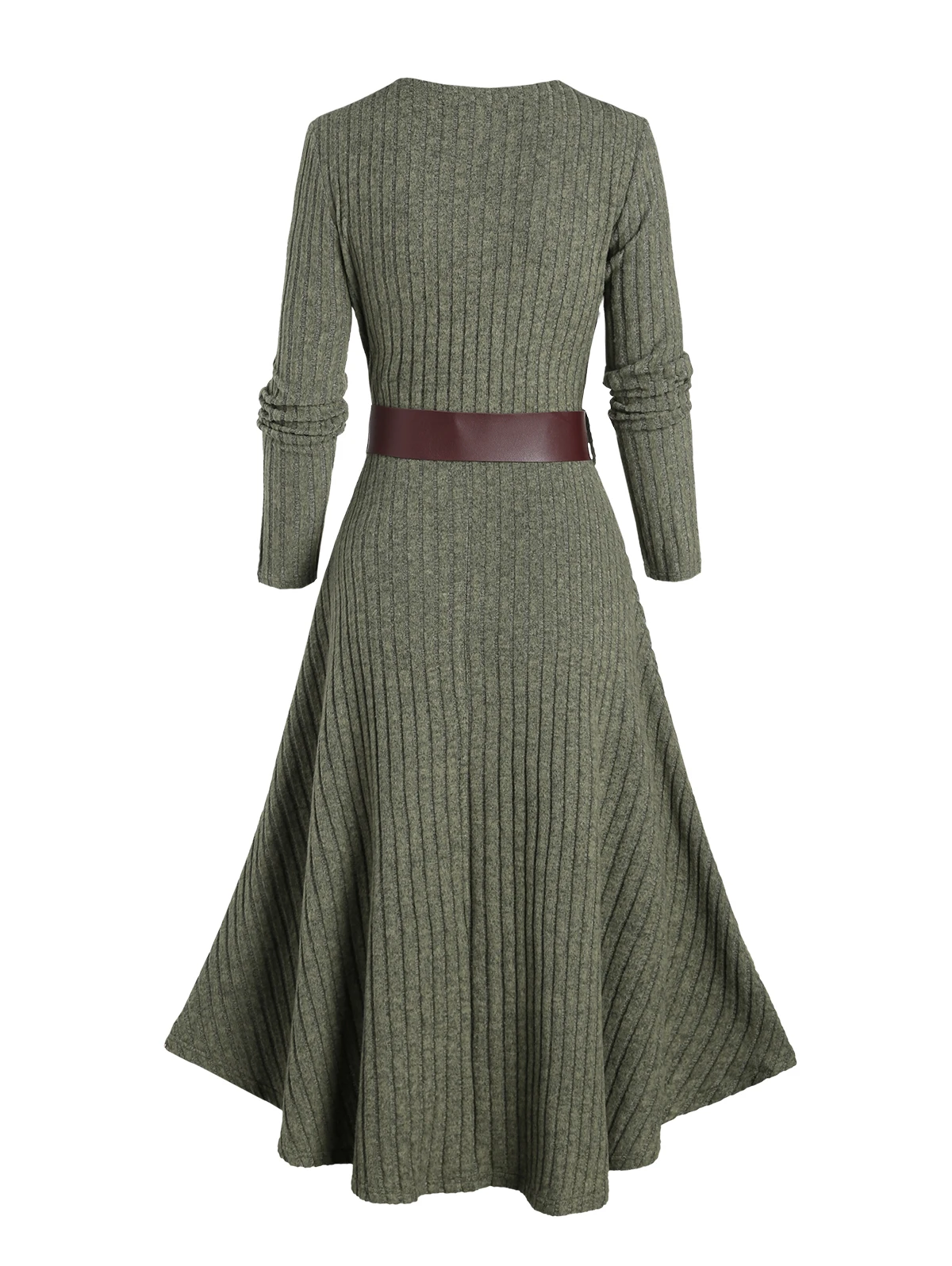 2024 New Women\'s Fall Winter Dresses Rib Contrast Long Sleeve O Ring Belt 2 In 1 Knit Dress U Neck Midi Dress