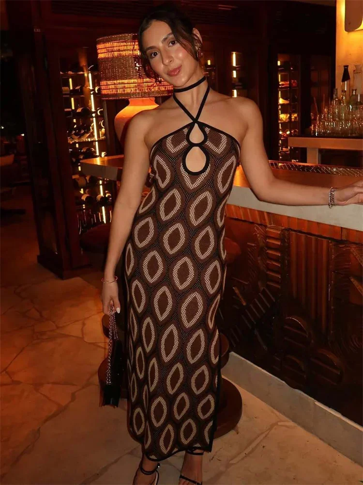 Knit Printed Hollow Out Long Dress Women Bandage Backless Contrast Beach Holiday Dress Clothes Female Boho Knitwear Dress