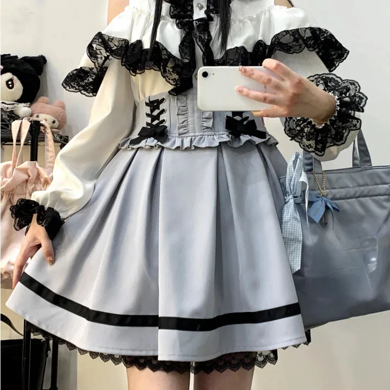 Japanse Gothic Y 2K Lolita Rok Vrouwen Elegante Zoete Kanten Ruches Lint Bandage Mini Rokken Meisjes Sexy Schattige Punk Party Rok