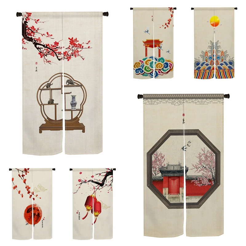Chinese Traditional Noren Door Curtains Plum Blossom Red Lantern Pavilion Pattern Linen Doorway Curtains Home Decor Half Curtain