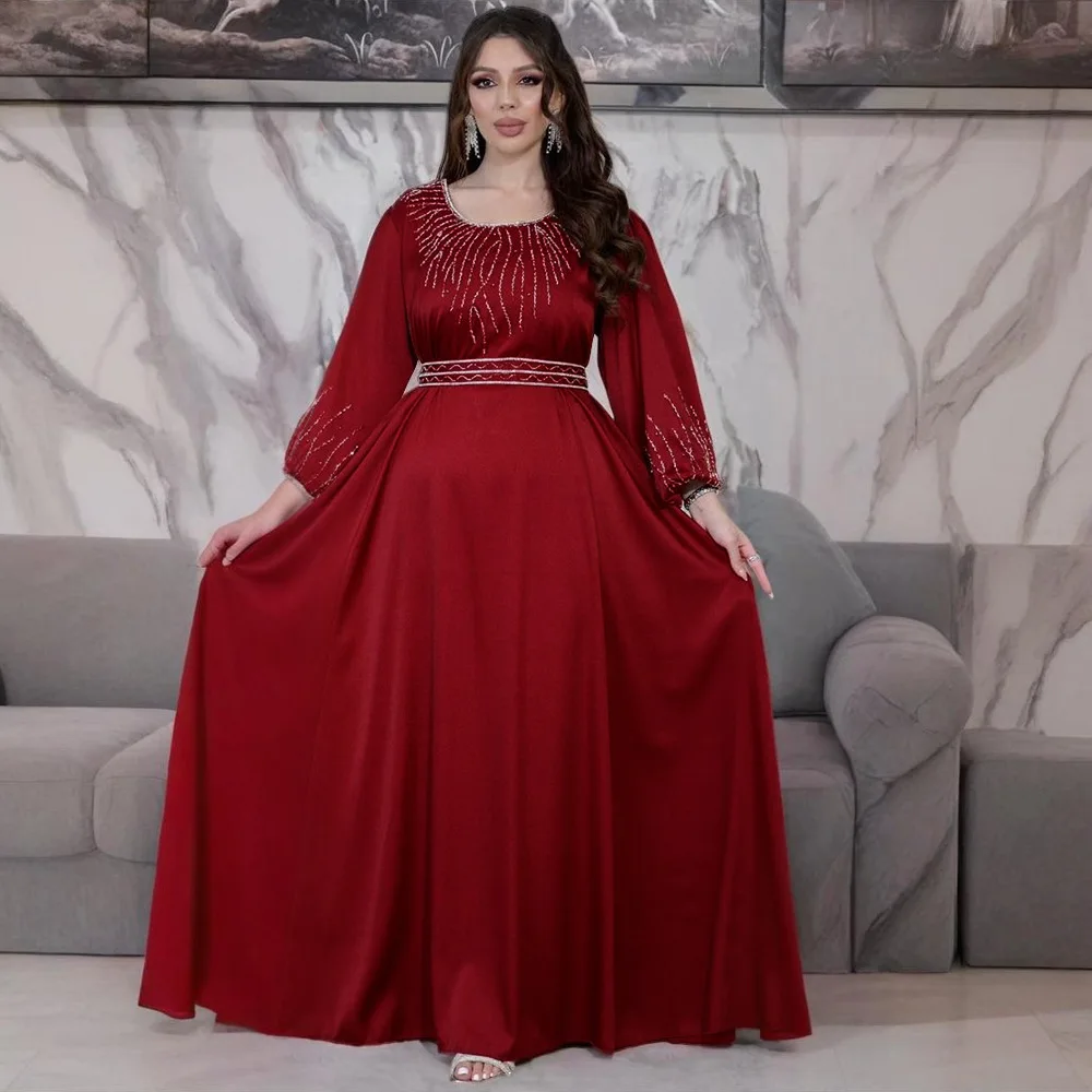 Robe de soirée de luxe pour femmes, tenue longue en diamant de dubaï avec ceinture, pour Ramadan, élégante, musulmane, Eid, caftan marocain