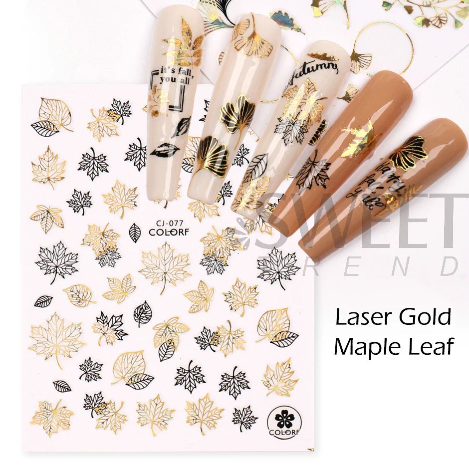 Laser Gold Geometry Maple Nail Manicure Stickers Shinning Autumn Leaves Frame Ginkgo Decals Fall DIY Decoration Sliders LYCJ-076