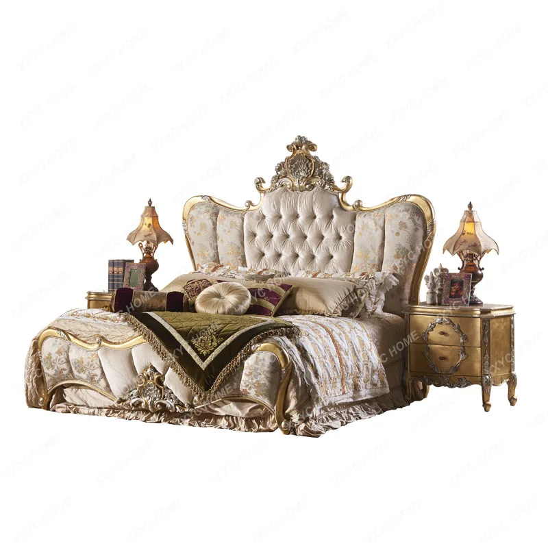 French Furniture European New Classical Retro Solid Wood Fabric Carved Double Bed Bedroom Marriage Bed 1.8 M