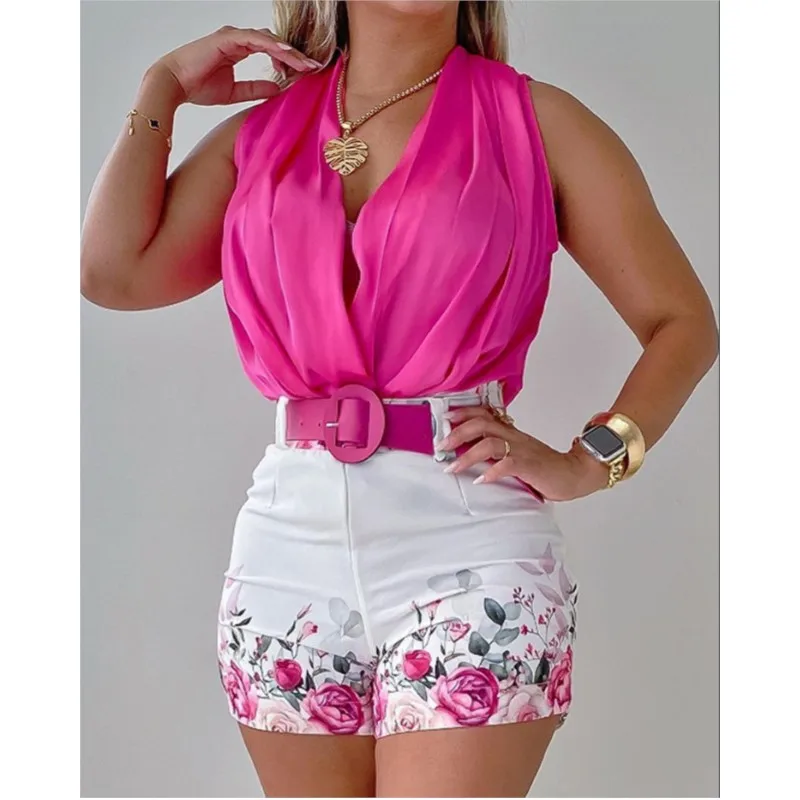 Elegant Commuting 2 Piece Sets Women Summer Fashion New Ruched Sleeveless Top & Floral Print Versatile Temperament Shorts Set