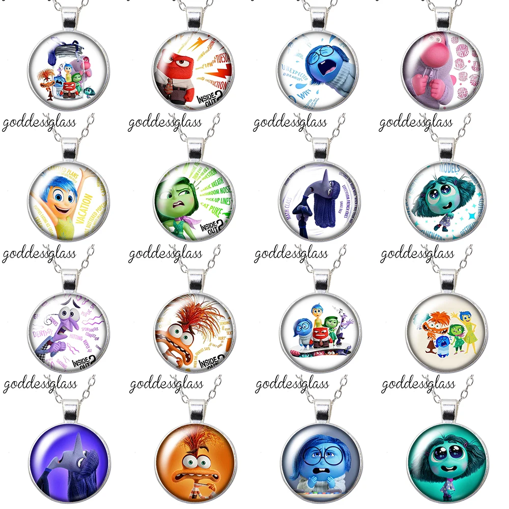 Inside Out2 Joy Sadness Anger Anxiety Ennui Envy Round Glass glass cabochon silver plated/Crystal pendant necklace jewelry Gift