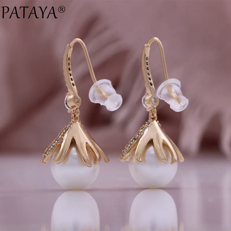 PATAYA Trendy Pearl Long Drop Earrings For Women 585 Rose Gold Color Natural Zircon Accessories Vintage Party Fine Daily Jewelry