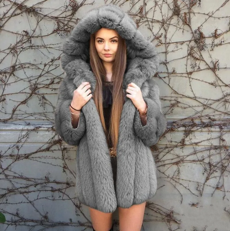 Women's Winter Faux Fur Hooded Coat Fashionable and Warm  Vertical Hooded Hat High Quality Fluffy Fur