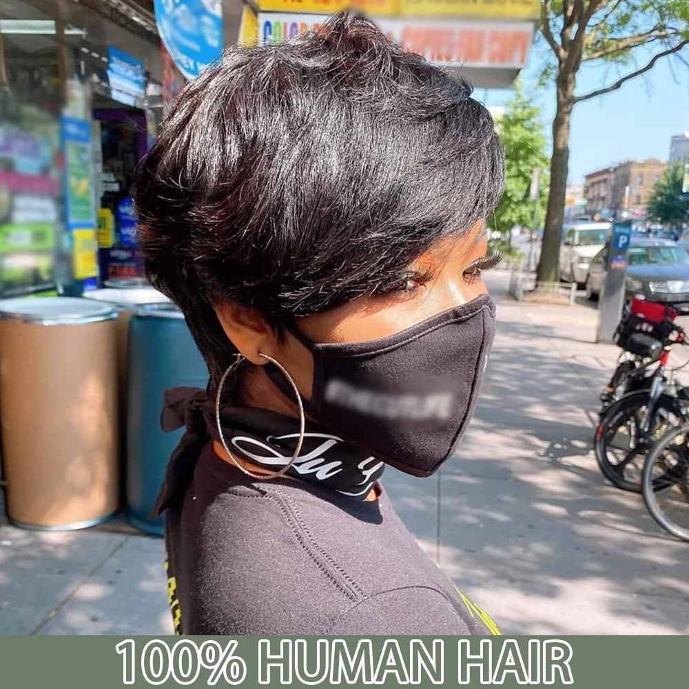 

Короткий парик-пикси длиной 4 дюйма с челкой | Натуральные волосы Реми, 180% плотность, полностью машинной работы, прямые