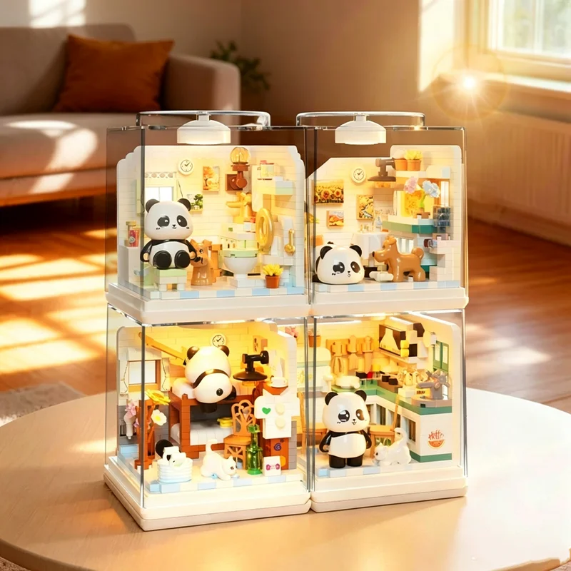 DIY Panda Kitchen House Building Blocks Daily Life Micro Bricks Set with Lights Dust Cover Miniature Scene Collection Home Decor