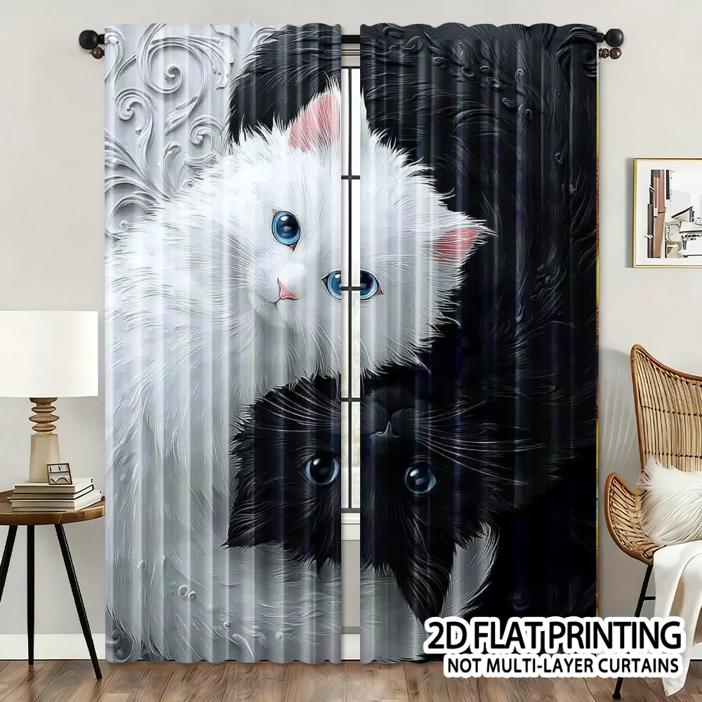 Cute White and Black Kitten Curtain Yin Yang Cat Pattern Drape Adorable Pet Animal Window Treatment for Kids Bedroom Living Room